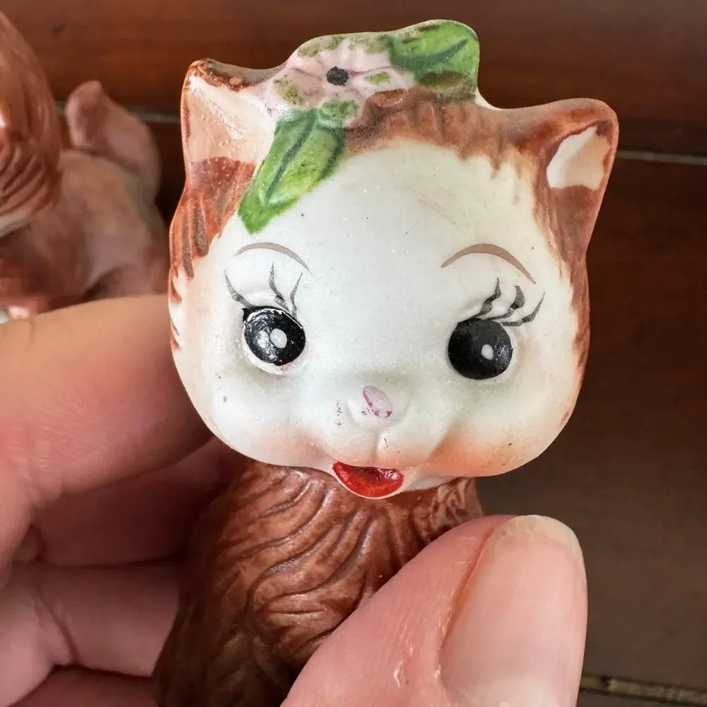 VTG Kitten Cat Anthropomorphic  Salt Pepper Shakers Stoppers MCM Bow Flower - Picture 12 of 13